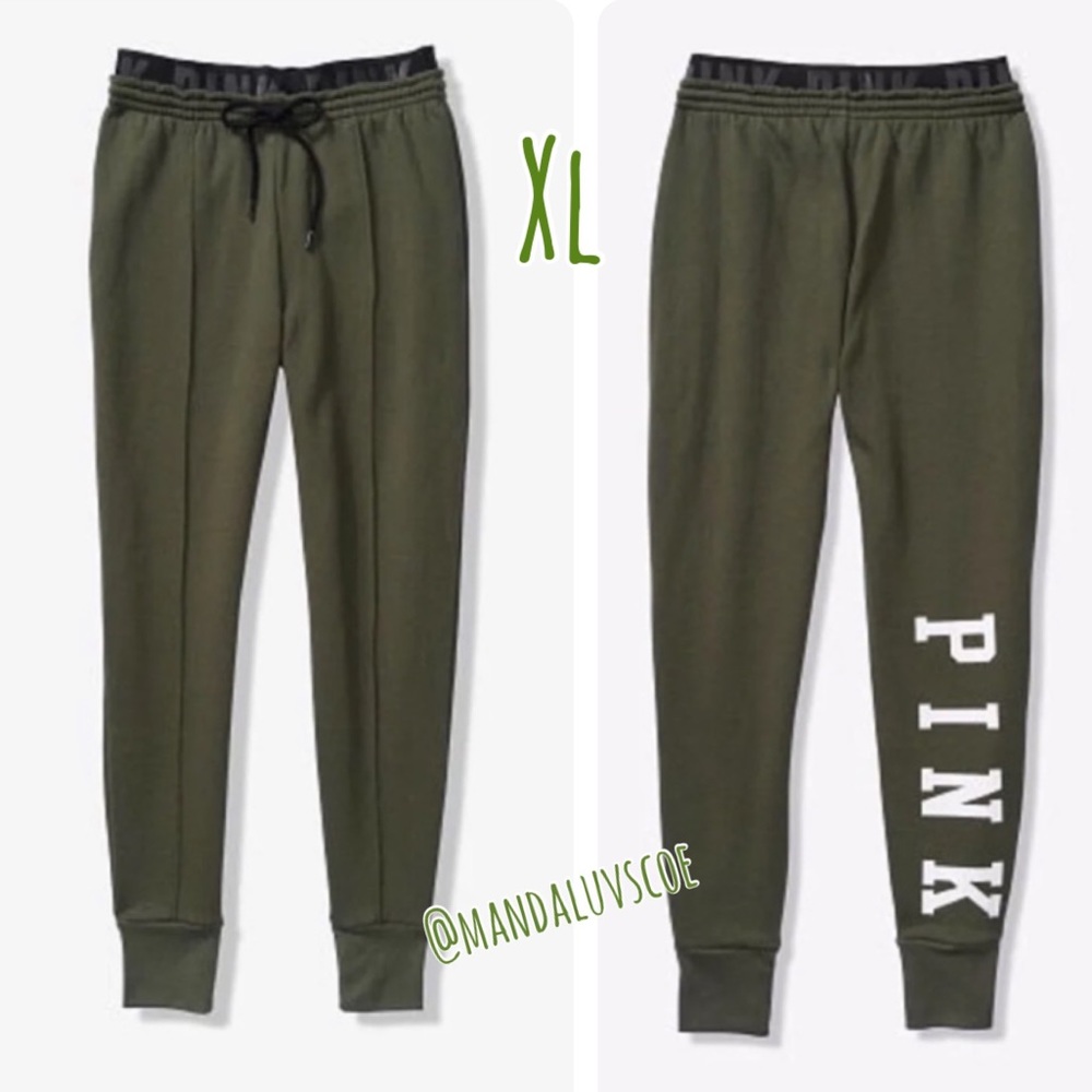 HTF 💗VS PINK HIGH WAIST OLIVE GREEN LOGO SKINNY JOGGERS